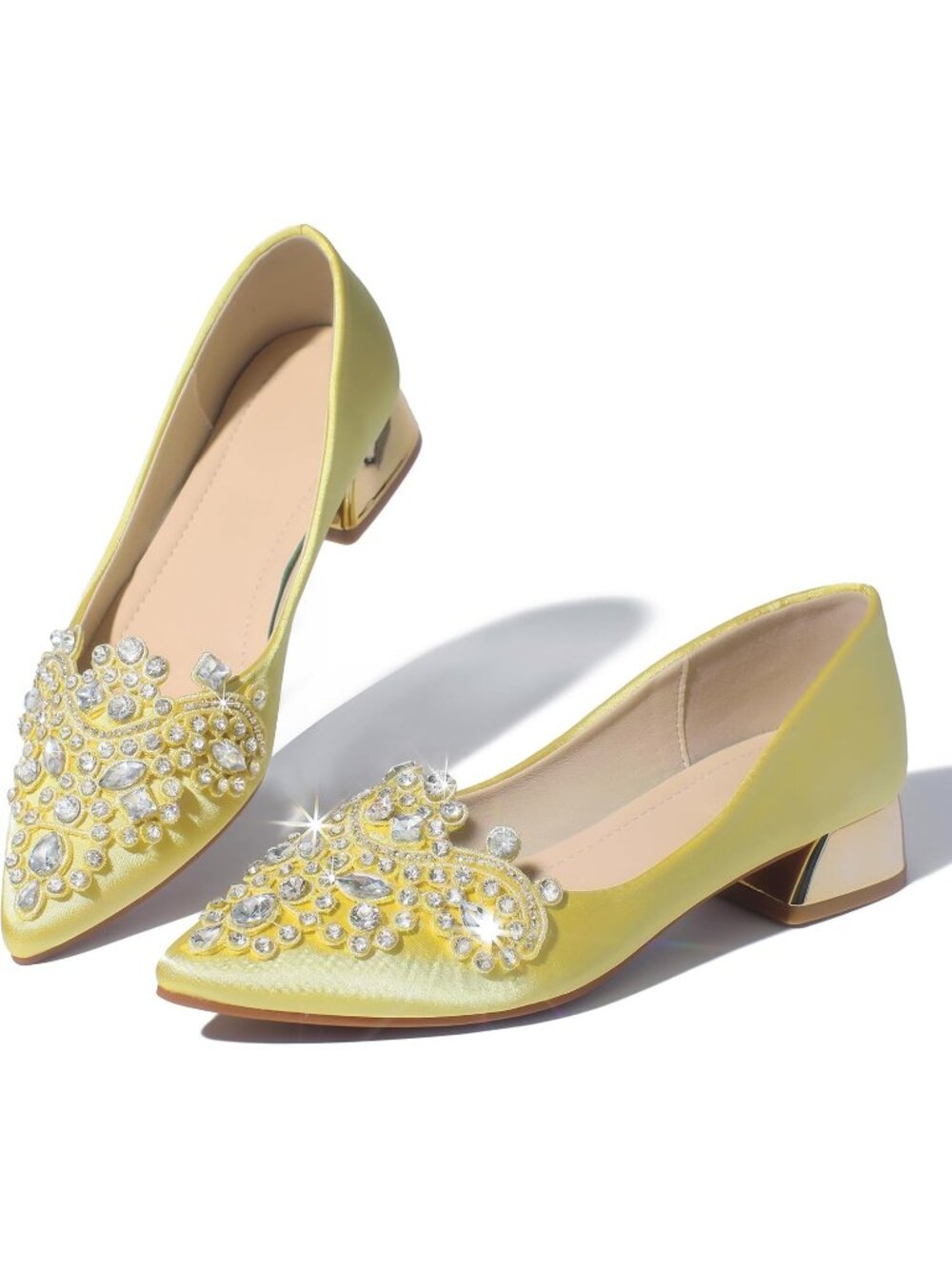 👑Women yellow Rhinestone Fashion Pointed Toe Pearl Diamond Low Heel Dress shoes